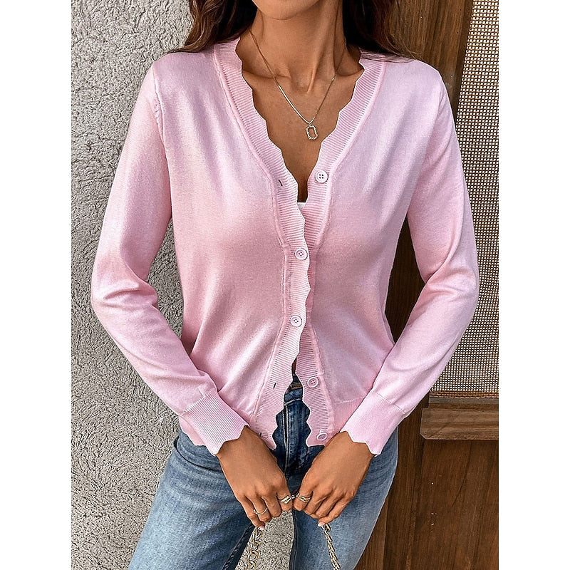 Women's Scalloped-Edge V-Neckline Button-Front Knit Cardigan for Weekends – view 2