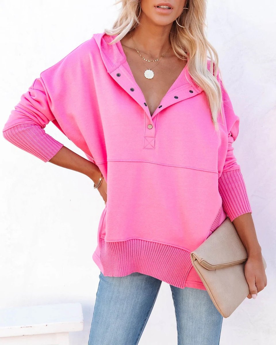 Women's Relaxed-Fit Henley Knit Hoodie – Pink
