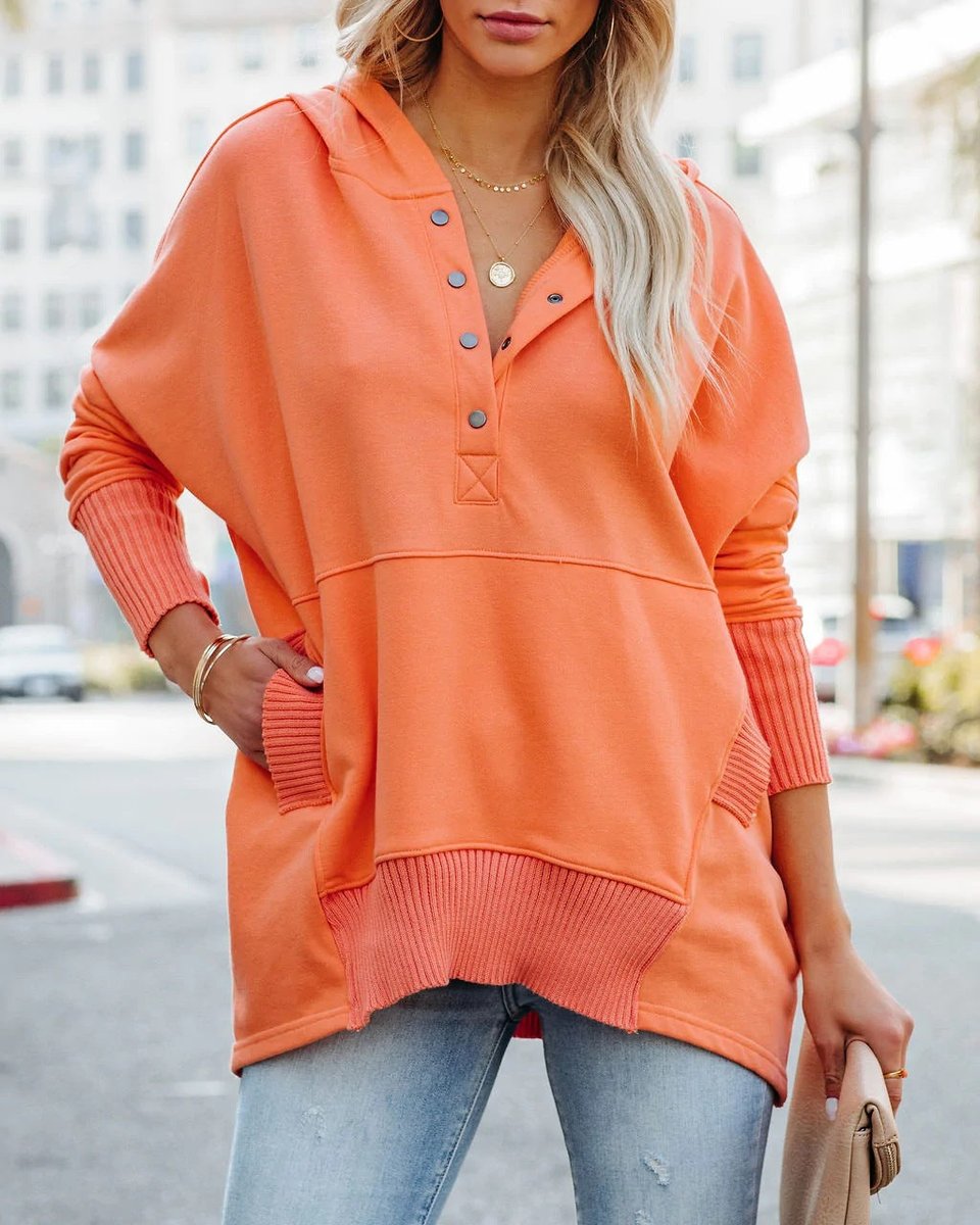 Women's Relaxed-Fit Henley Knit Hoodie – Orange