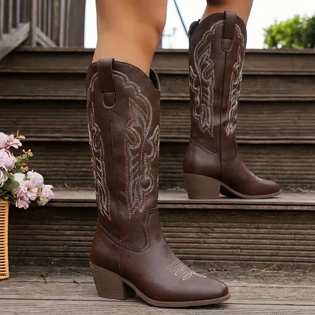 Women's Embroidery-Detail Block-Heel Cowgirl Boots – Brown