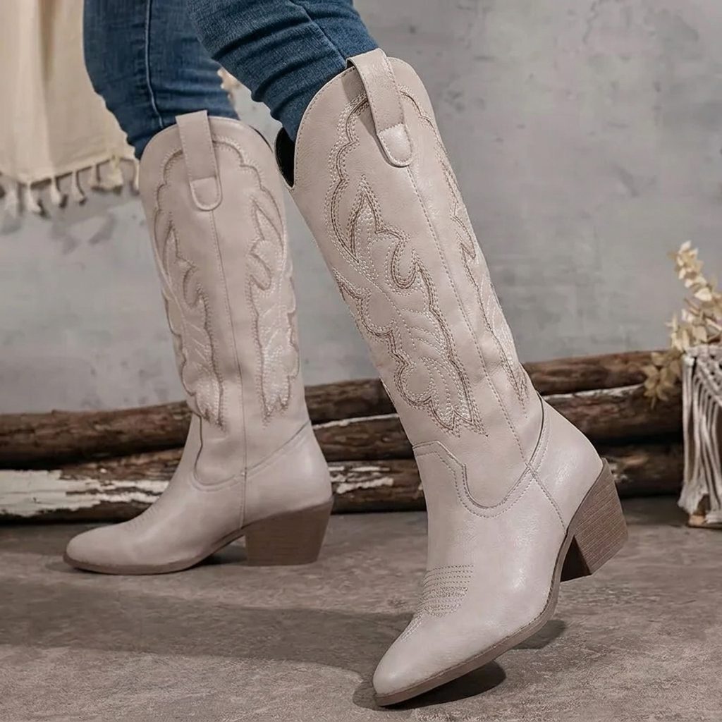 Women's Embroidery-Detail Block-Heel Cowgirl Boots – Beige