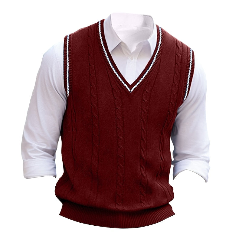 Men's Cable-Stitch V-Neckline Sweater Vest – Wine