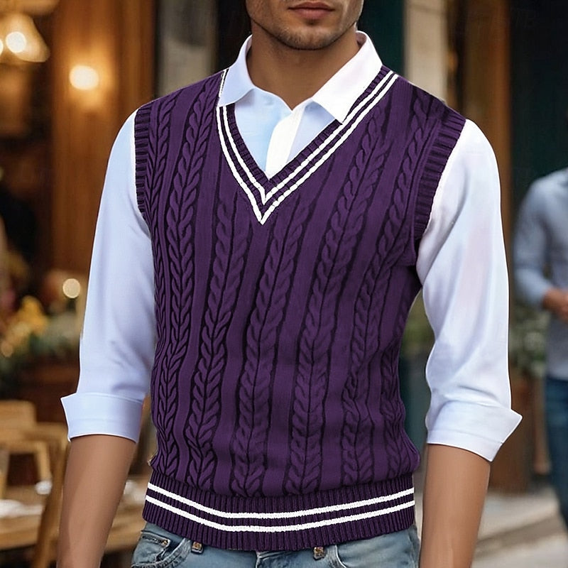 Men's Stripe-Detail Cable-Stitch V-Neckline Vest – Purple