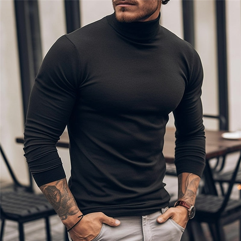 Men's Streamlined Long Sleeve Turtleneck for Layering – Black
