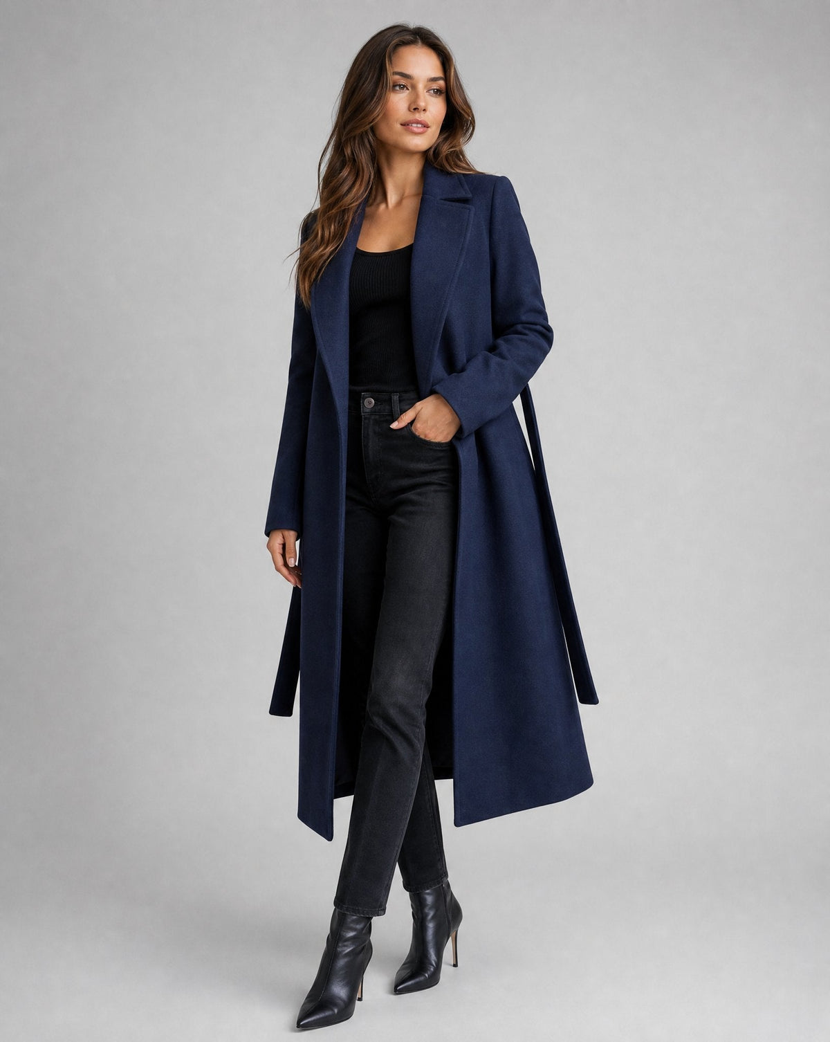 Women's Belt-Detail Wool Blend Long Lapel Trench Coat – Navy