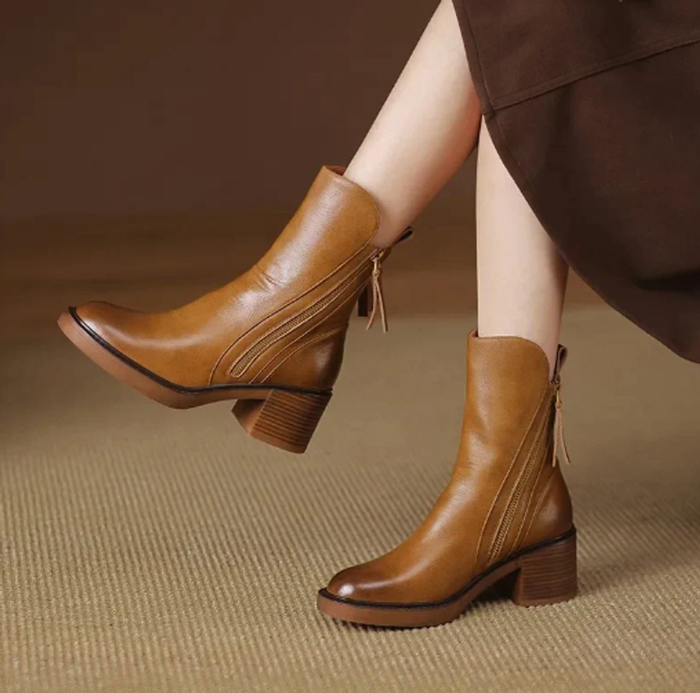 Women's Block-Heel Side-Zip Leather Booties – Brown