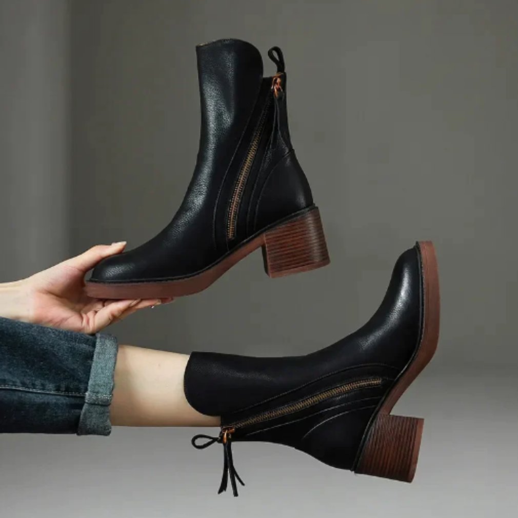 Women's Block-Heel Side-Zip Leather Booties – Black