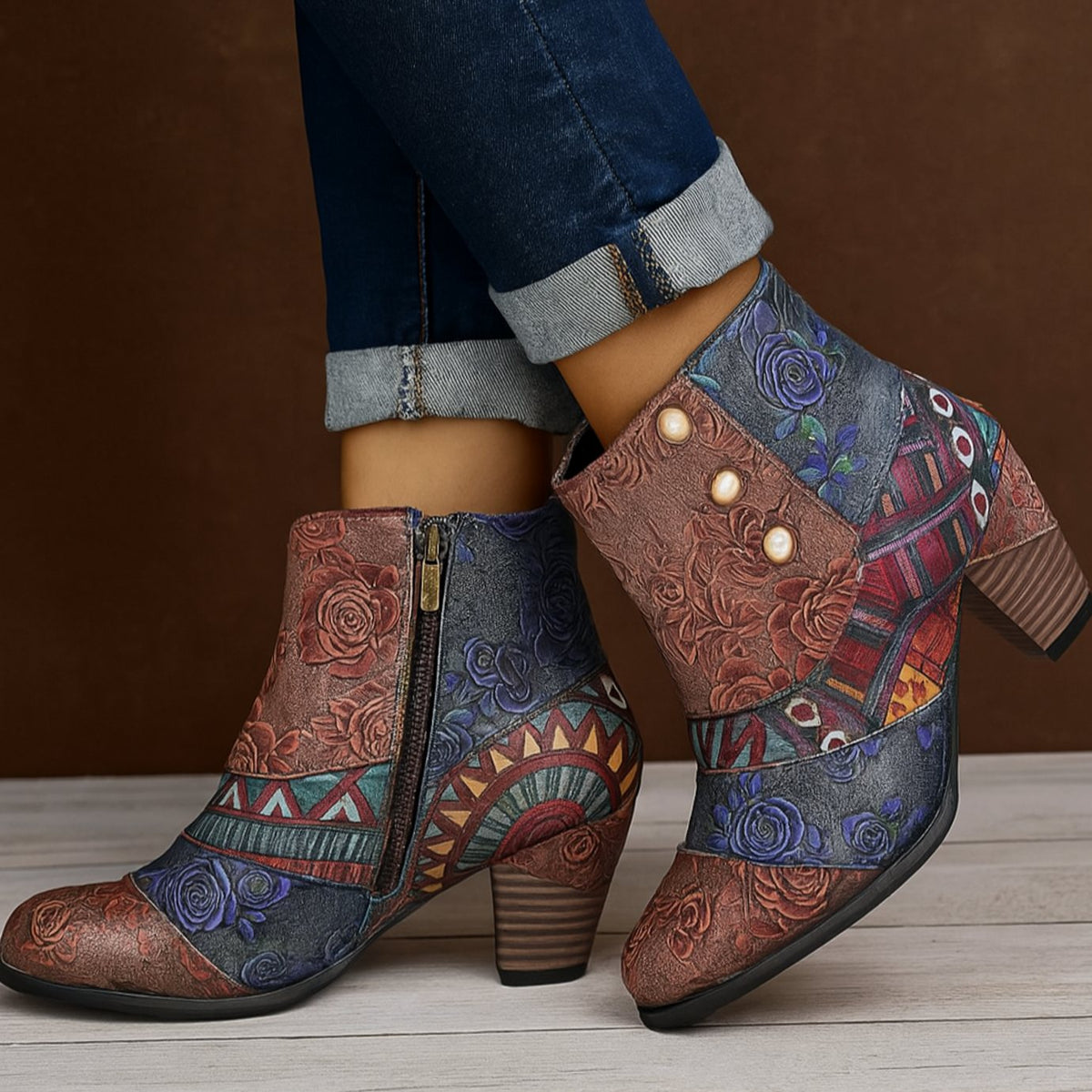 Women's Flower-Print Embossed Block-Heel Booties – Gray