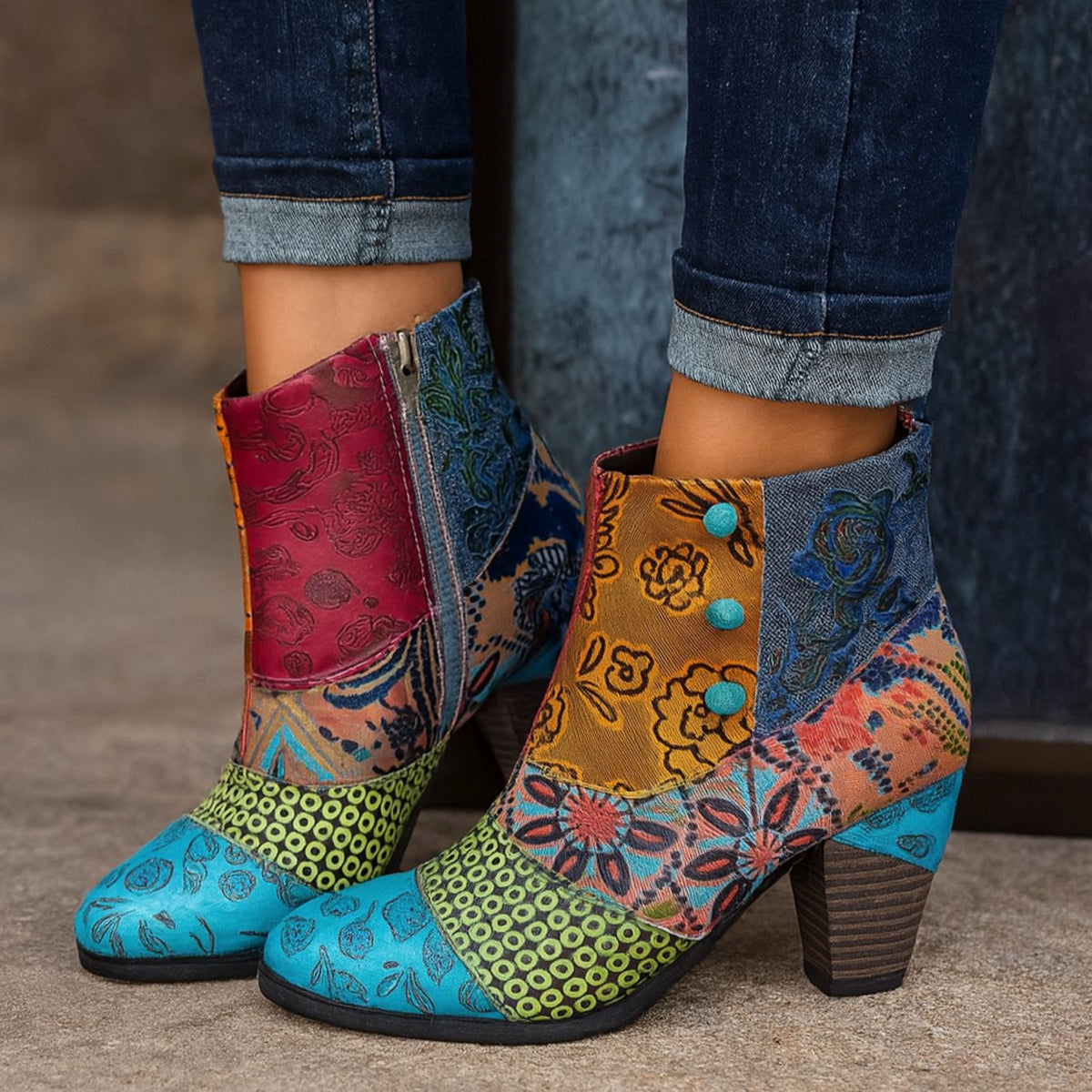 Women's Flower-Print Embossed Block-Heel Booties – view 2