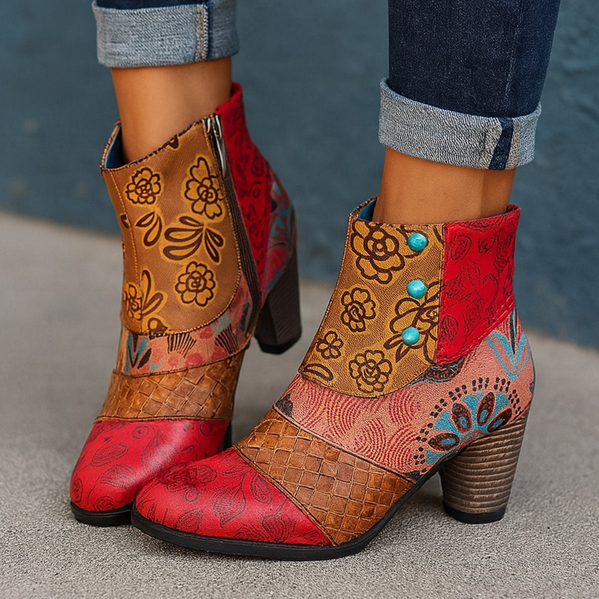 Women's Flower-Print Embossed Block-Heel Booties – Red