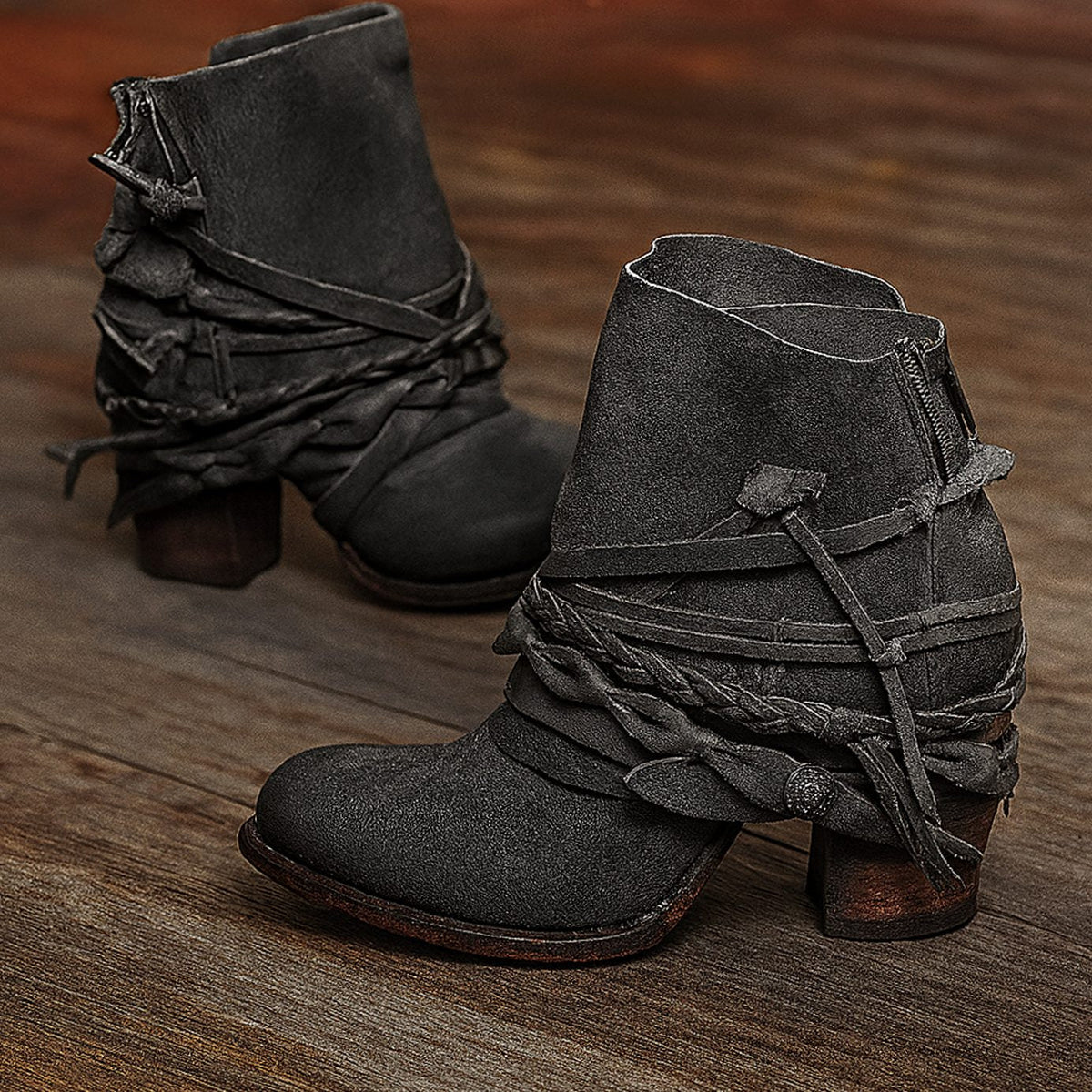 Women's Distressed Western Booties with Braided Straps – Gray