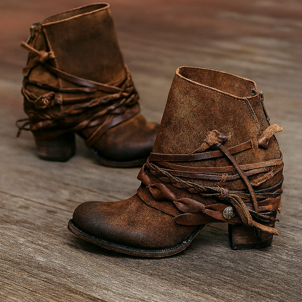 Women's Distressed Western Booties with Braided Straps – Brown