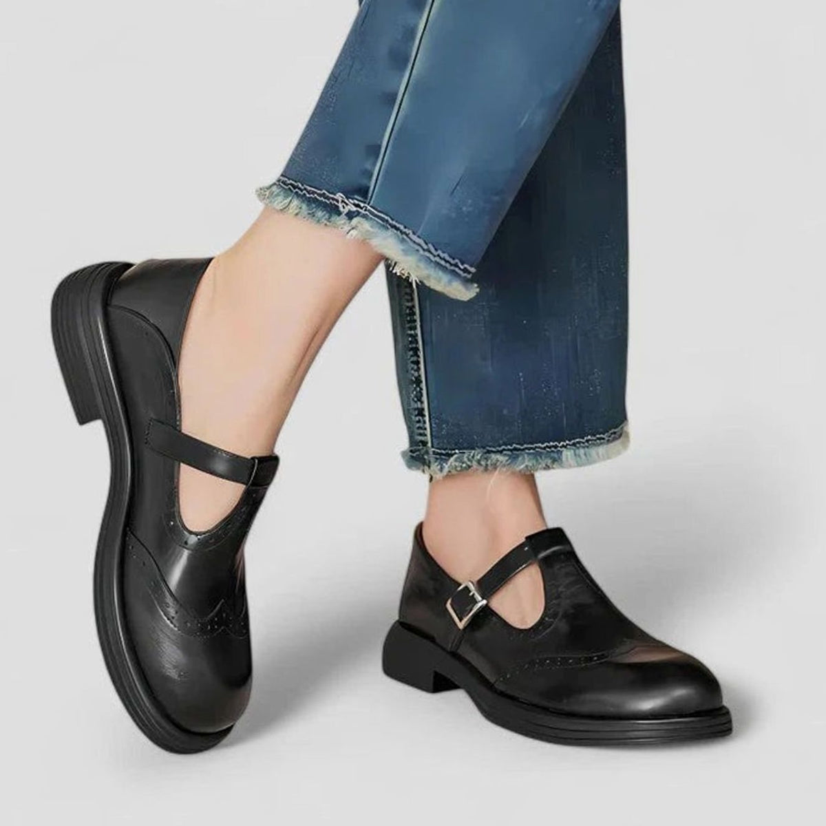 Women's Wingtip Brogue Leather T-Strap Boots for Evening Wear – Black