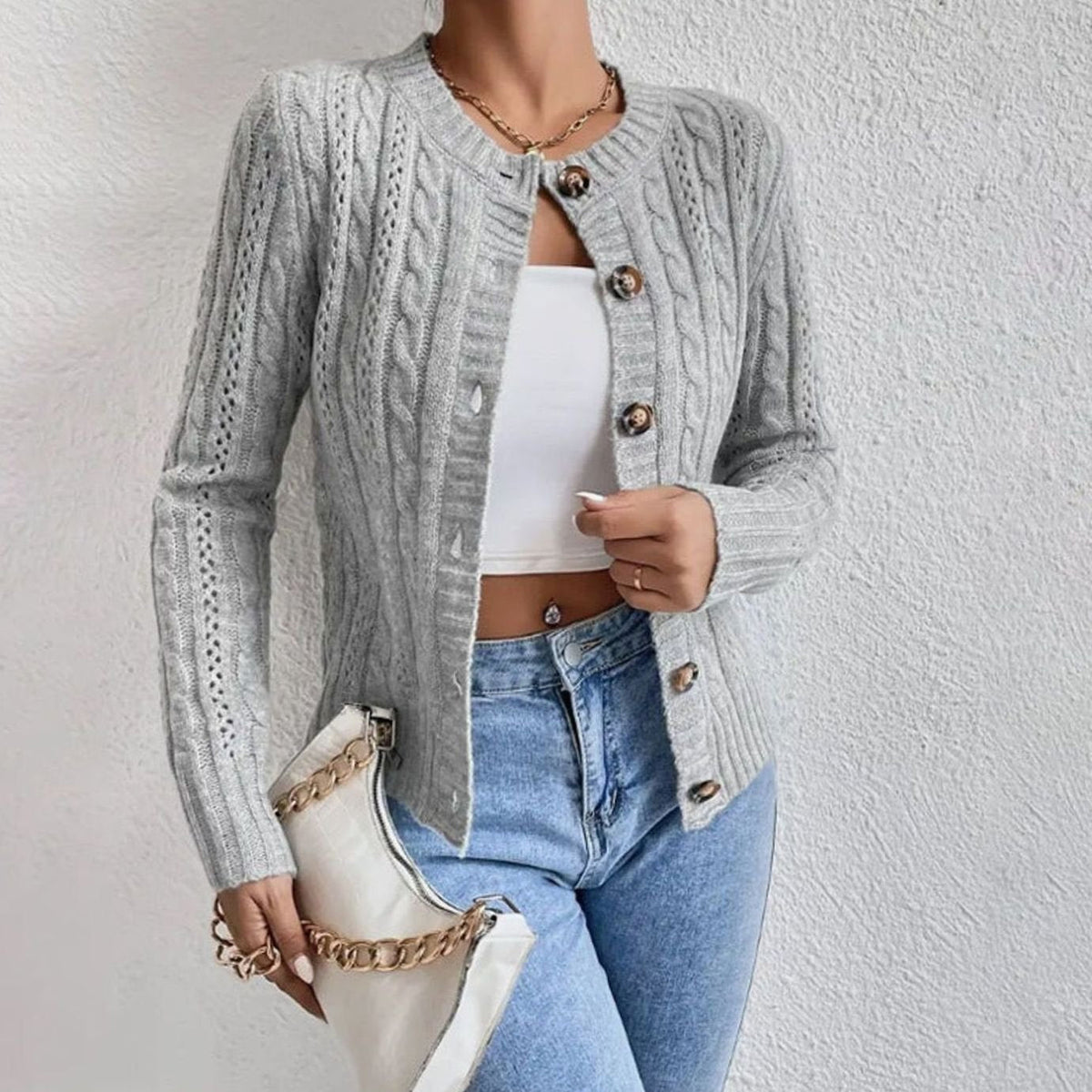 Women's Crop-Length Cable-Stitch Button-Front Knit Cardigan – Gray