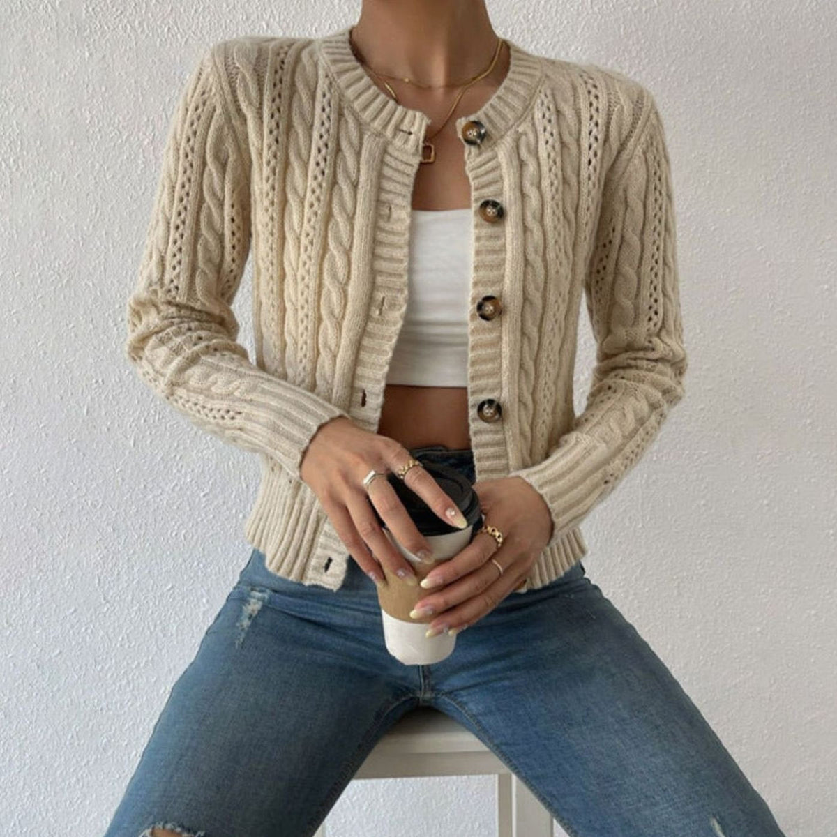 Women's Crop-Length Cable-Stitch Button-Front Knit Cardigan – Beige