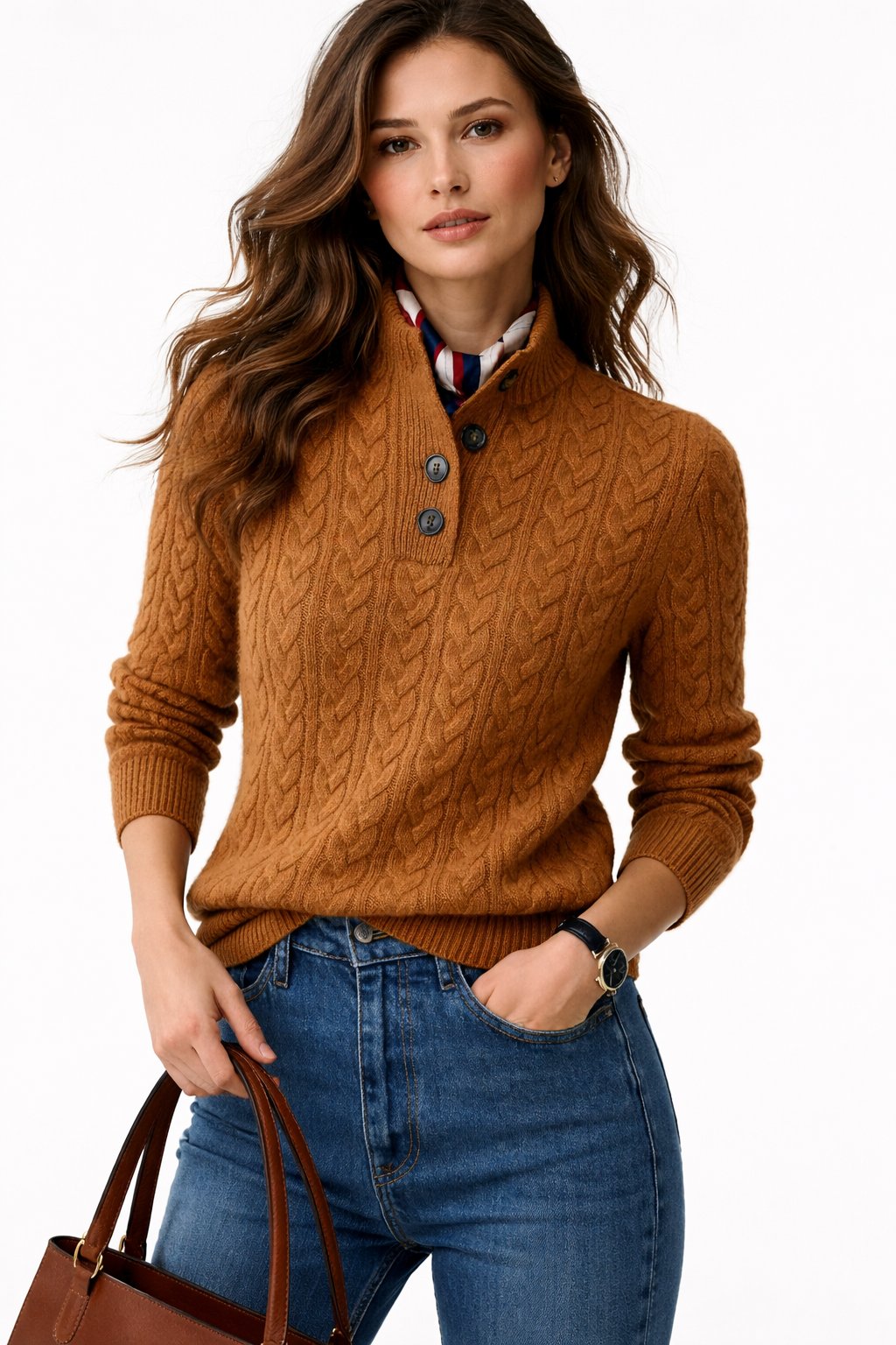 Women's Cable-Stitch Button-Neck Wool Blend Pullover – Brown