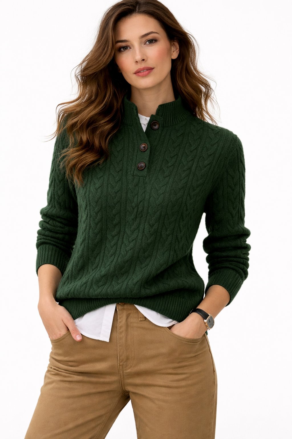 Women's Cable-Stitch Button-Neck Wool Blend Pullover – Green