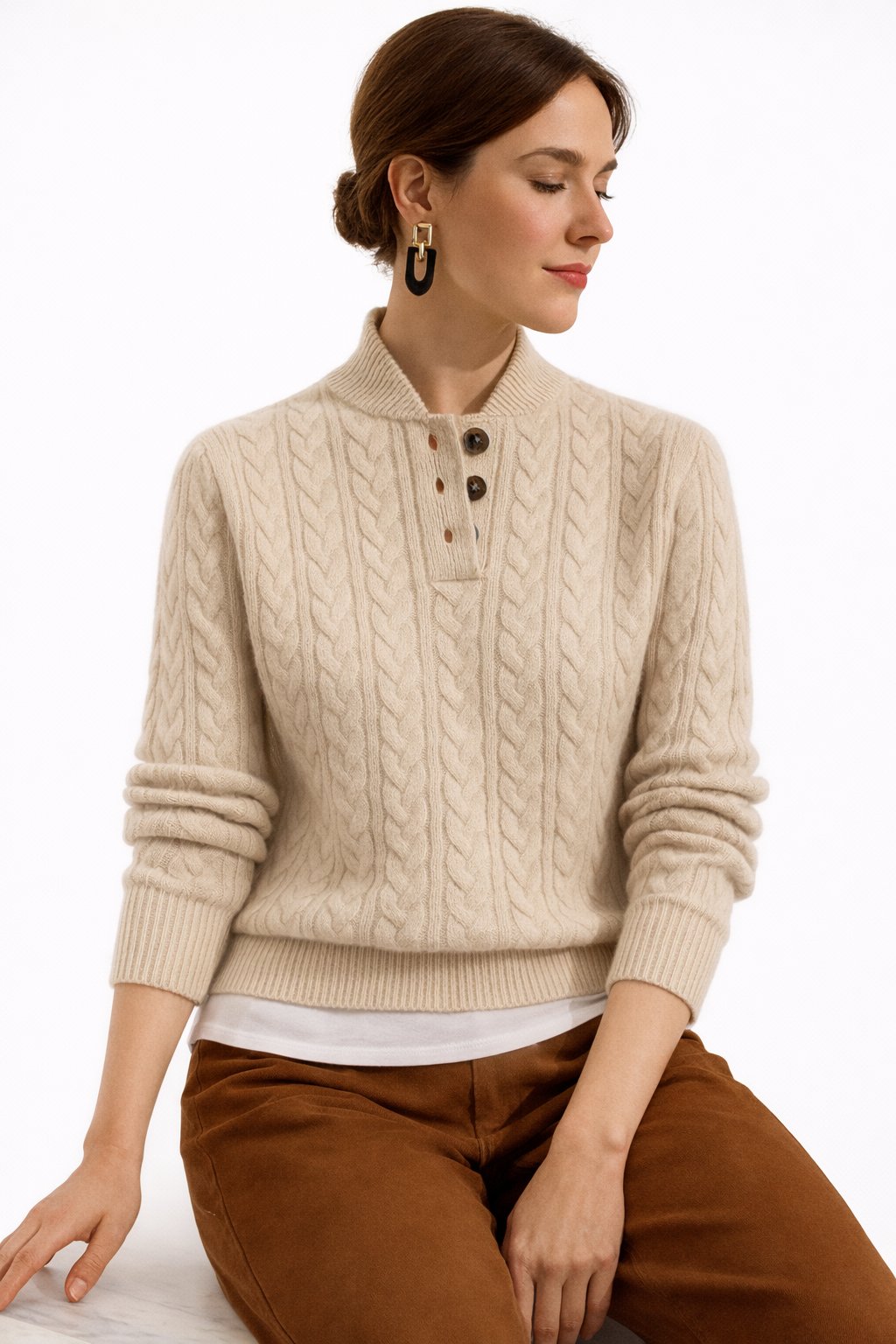 Women's Cable-Stitch Button-Neck Wool Blend Pullover – Khaki