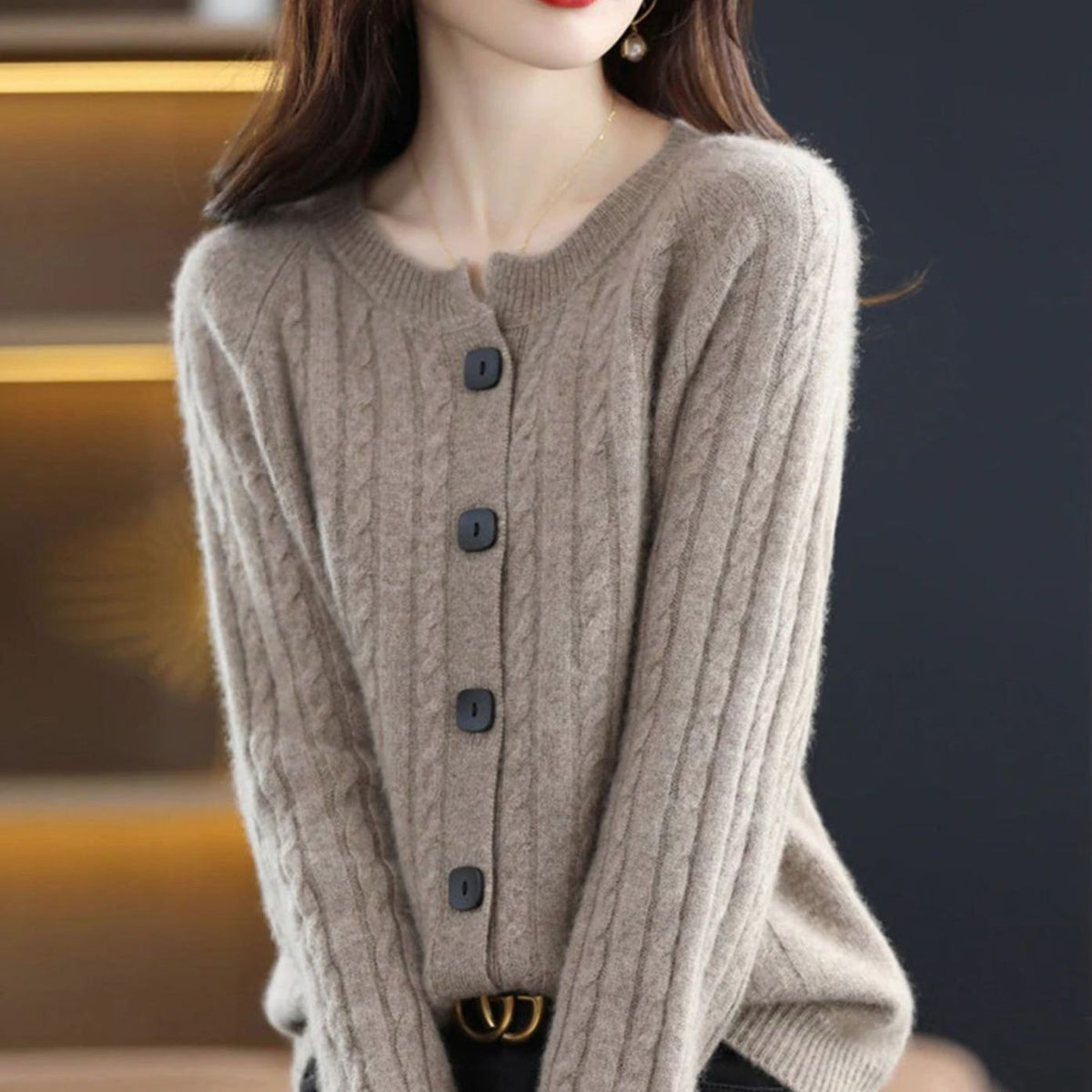 Women's Cable-Stitch Button-Front Easy-Fit Knit Cardigan – Gray