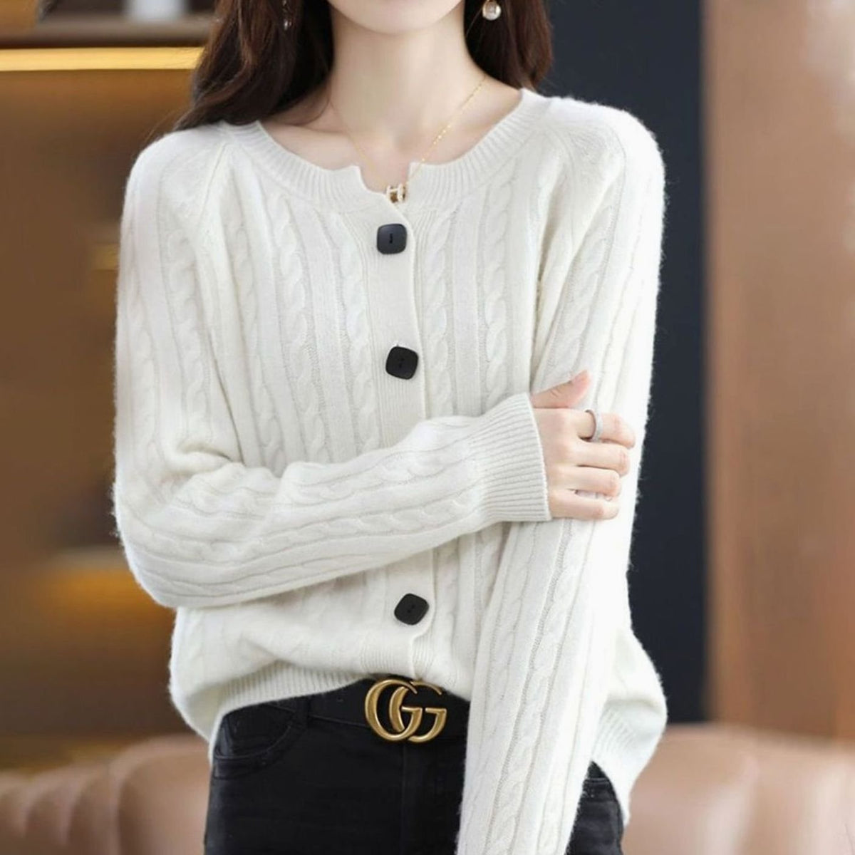 Women's Cable-Stitch Button-Front Easy-Fit Knit Cardigan – White