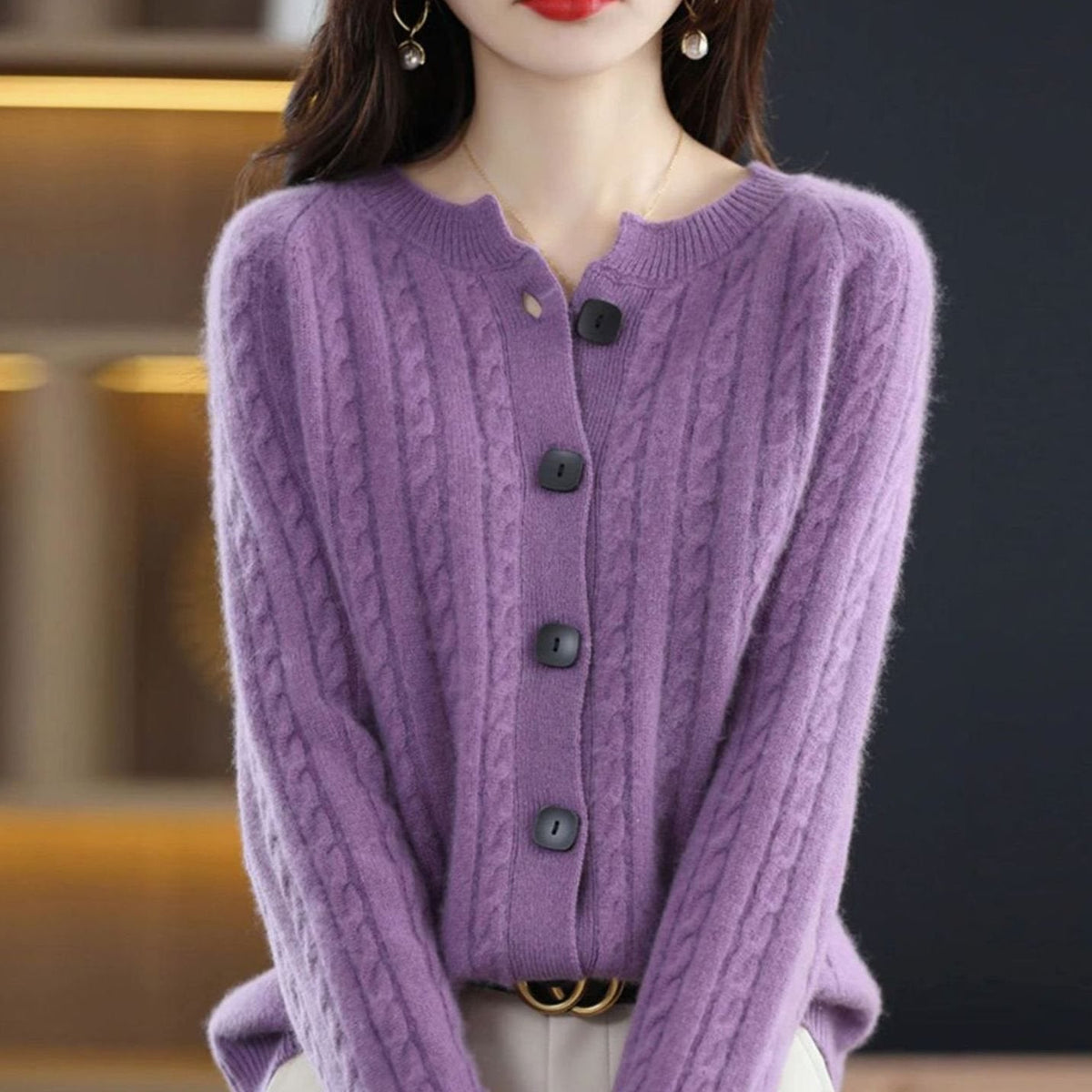 Women's Cable-Stitch Button-Front Easy-Fit Knit Cardigan – Purple