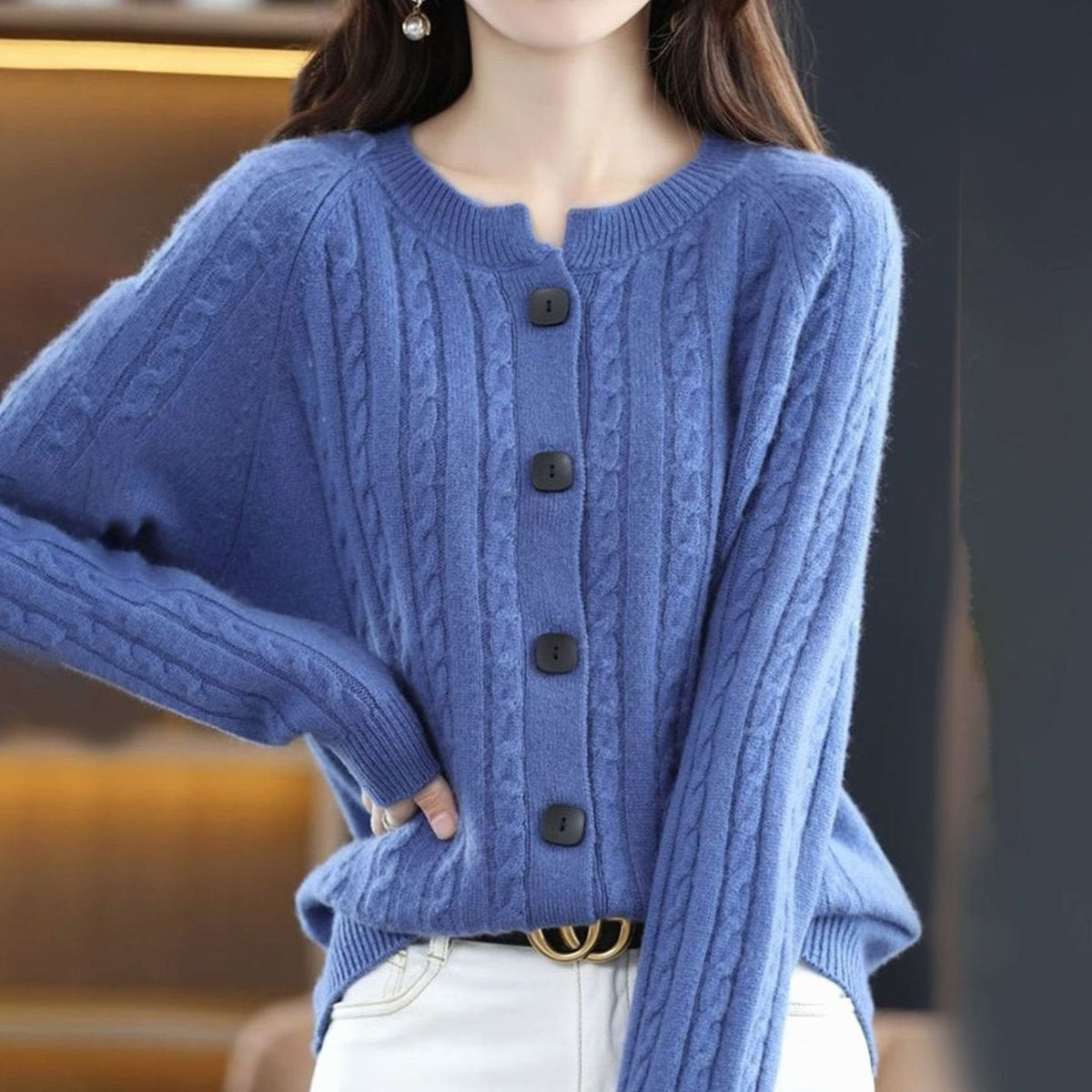 Women's Cable-Stitch Button-Front Easy-Fit Knit Cardigan – Blue