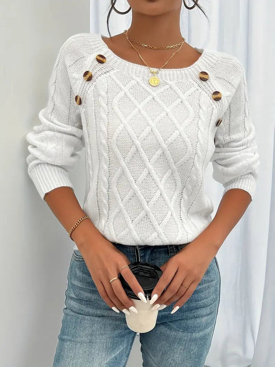 Women's Cable-Stitch Raglan Sleeve Button Detail Pullover – White