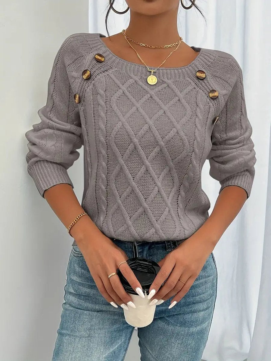 Women's Cable-Stitch Raglan Sleeve Button Detail Pullover – Dusty Rose Brown
