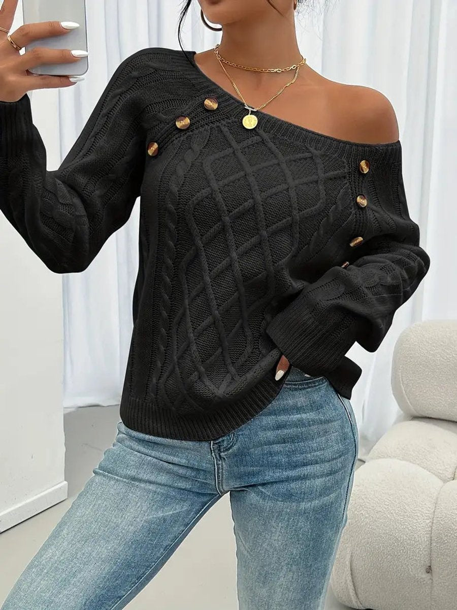 Women's Cable-Stitch Raglan Sleeve Button Detail Pullover – view 4