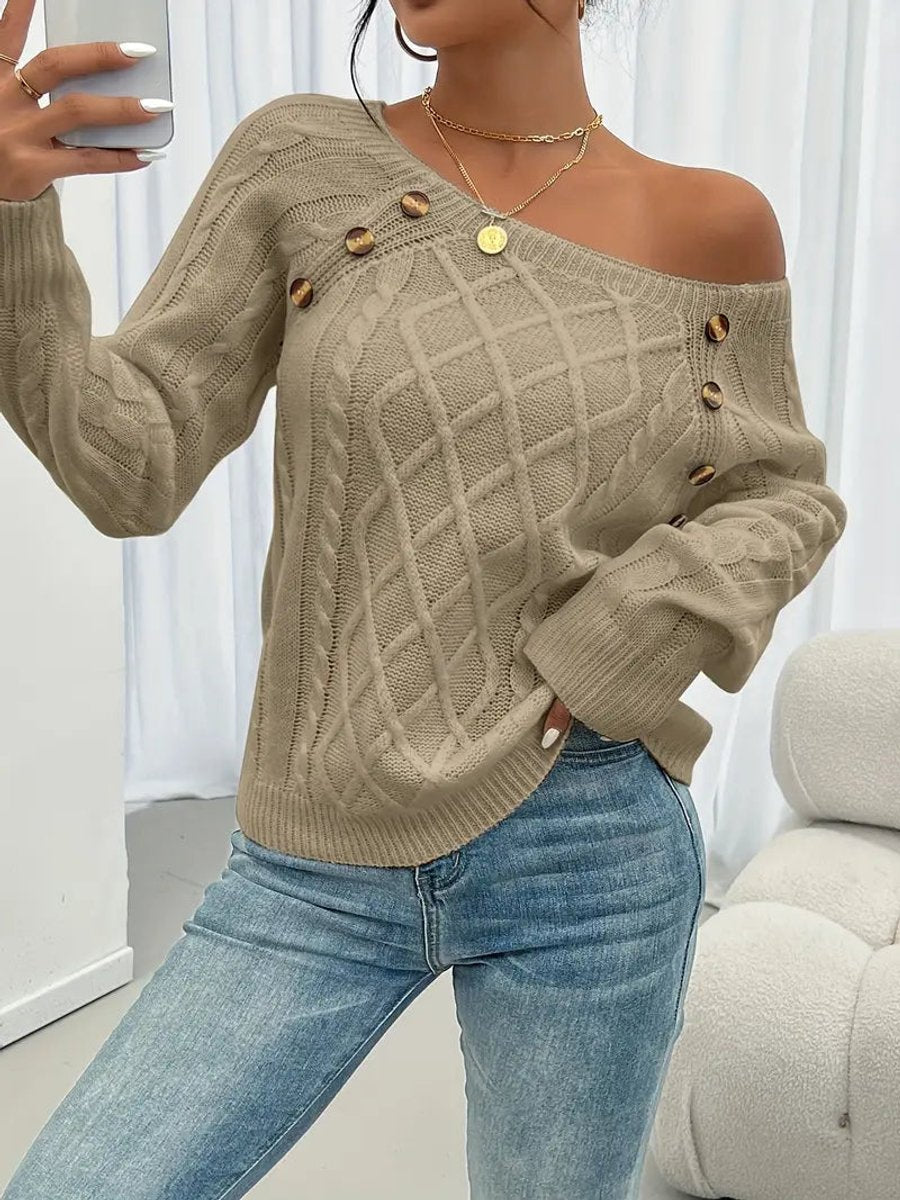 Women's Cable-Stitch Raglan Sleeve Button Detail Pullover – view 6