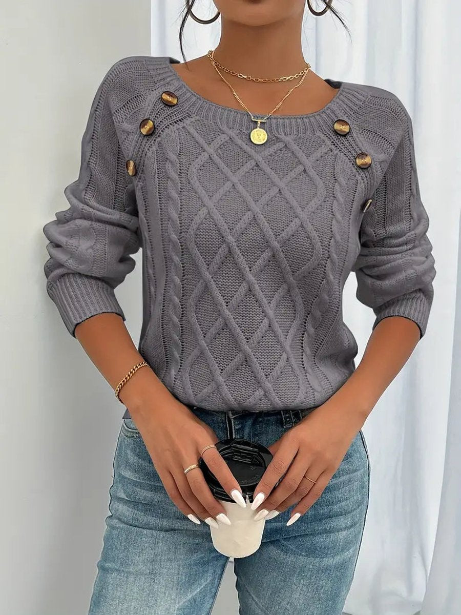 Women's Cable-Stitch Raglan Sleeve Button Detail Pullover – Dark Gray