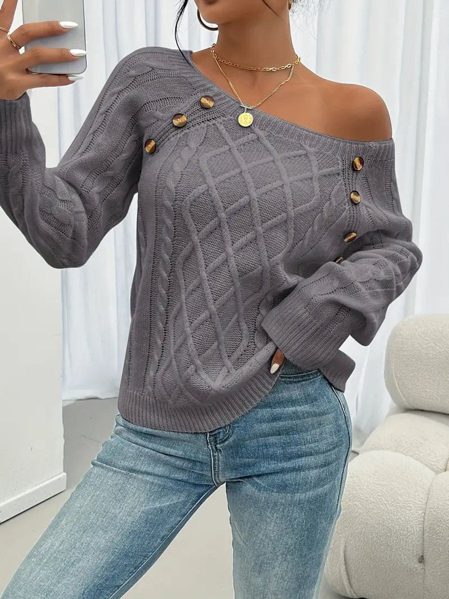 Women's Cable-Stitch Raglan Sleeve Button Detail Pullover – view 8