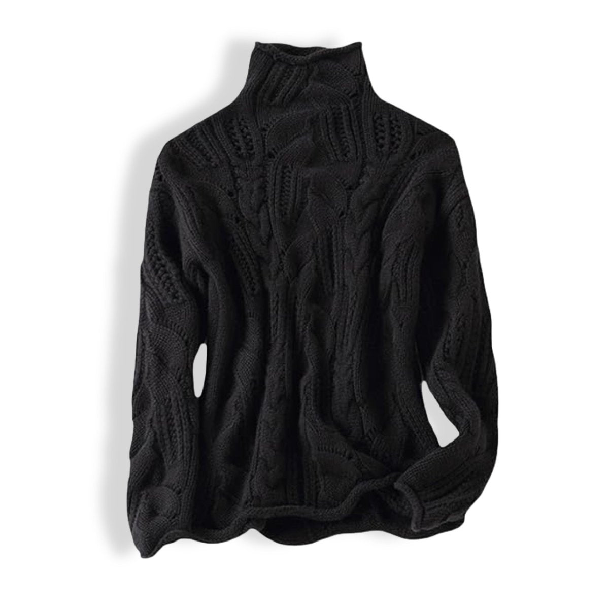 Women's Cable-Knit Roll-Neck Loose-Fit Sweater – Black