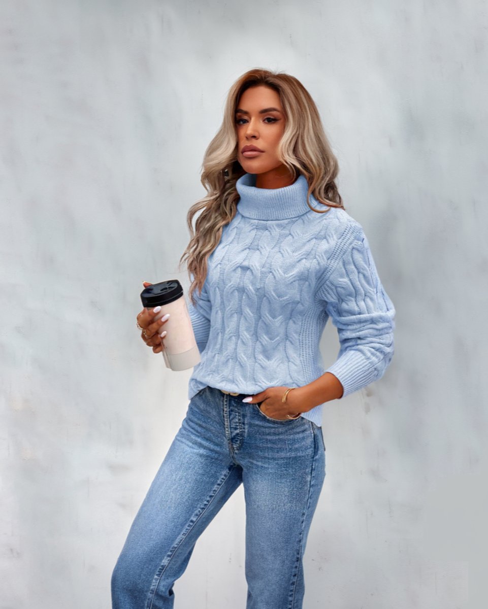 Women's Cable-Knit Roll-Neck Sweater – Blue