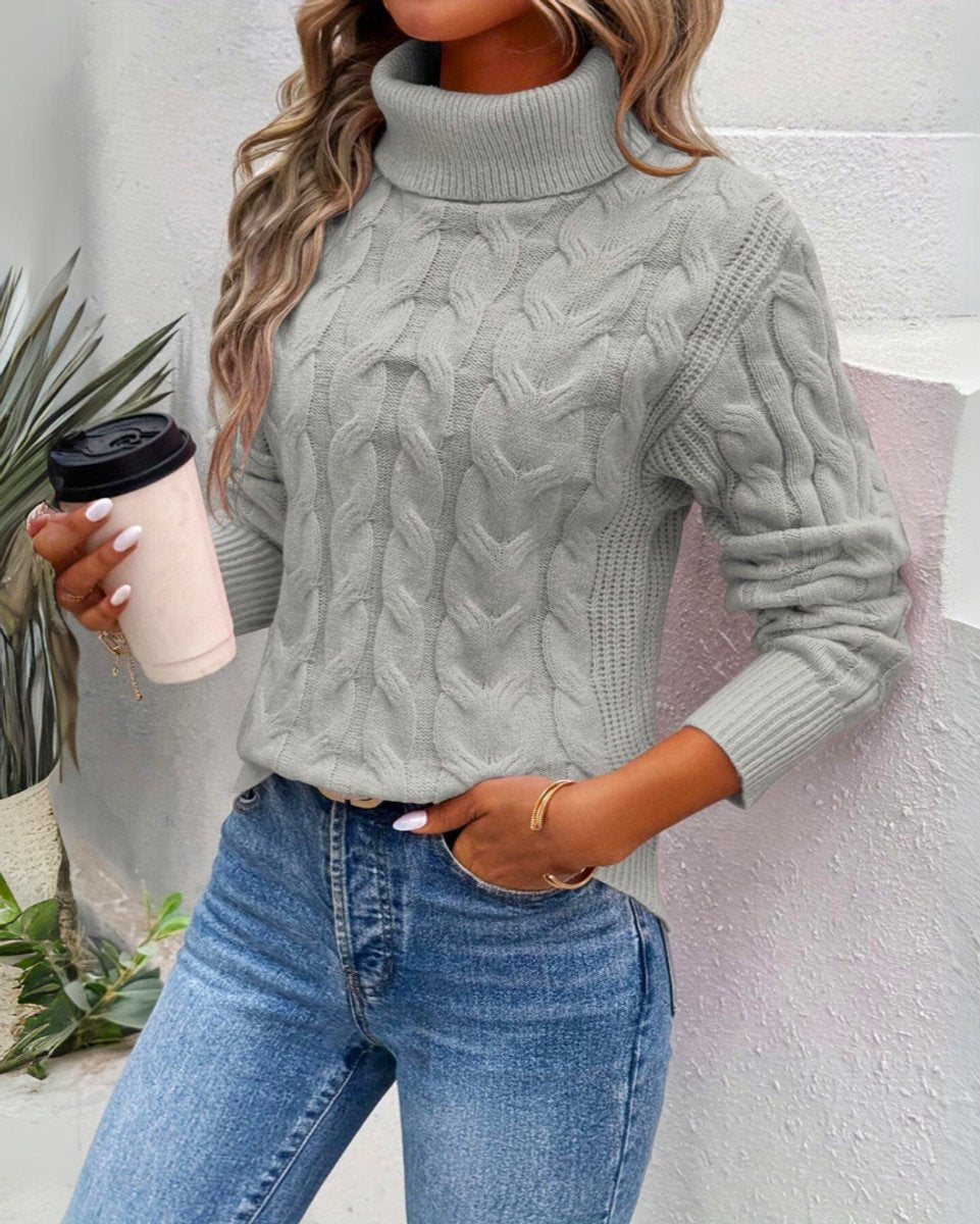 Women's Cable-Knit Roll-Neck Sweater – Gray