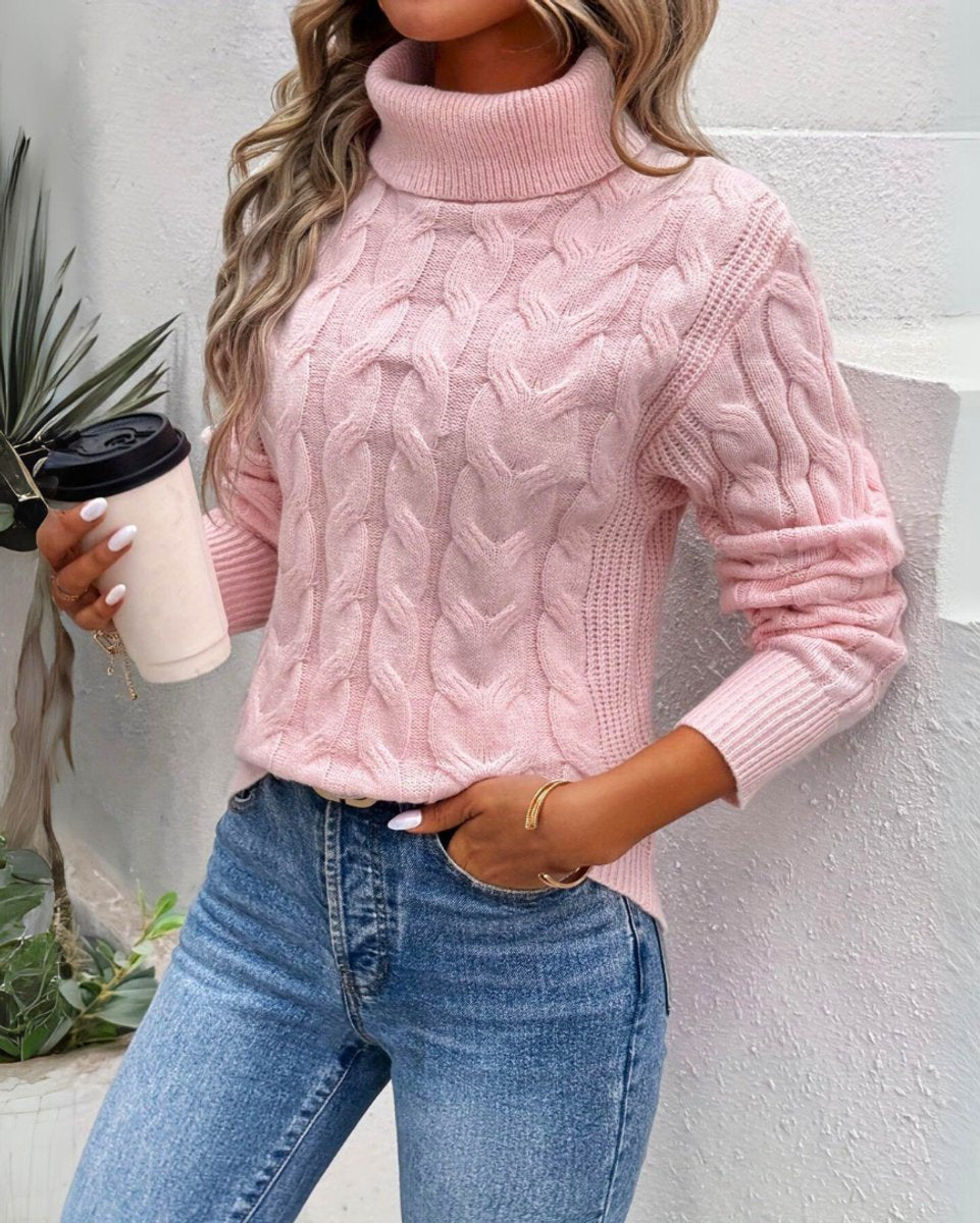 Women's Cable-Knit Roll-Neck Sweater – Pink