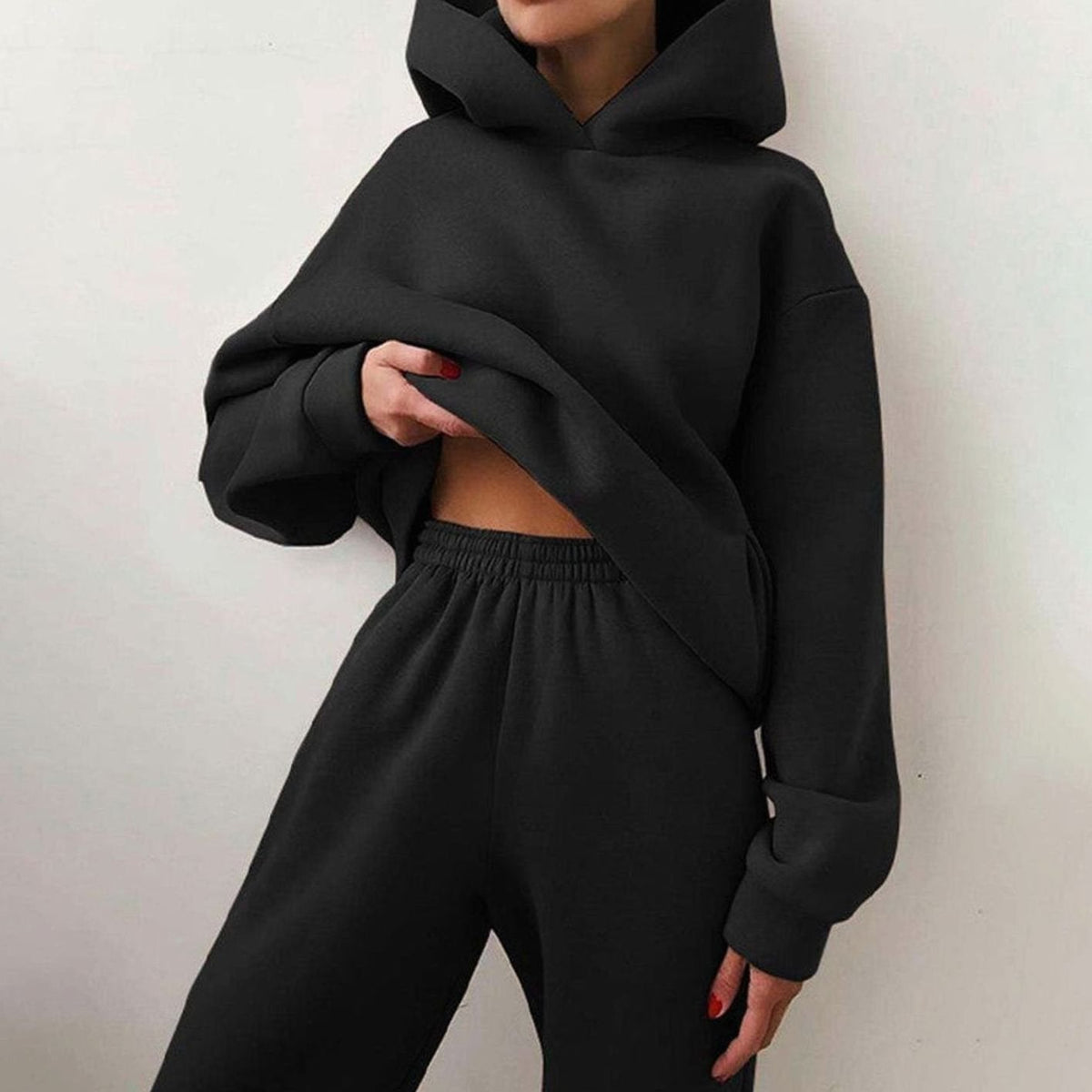 Women's Everyday Loose-Fit Hoodie Jogger Set – Black