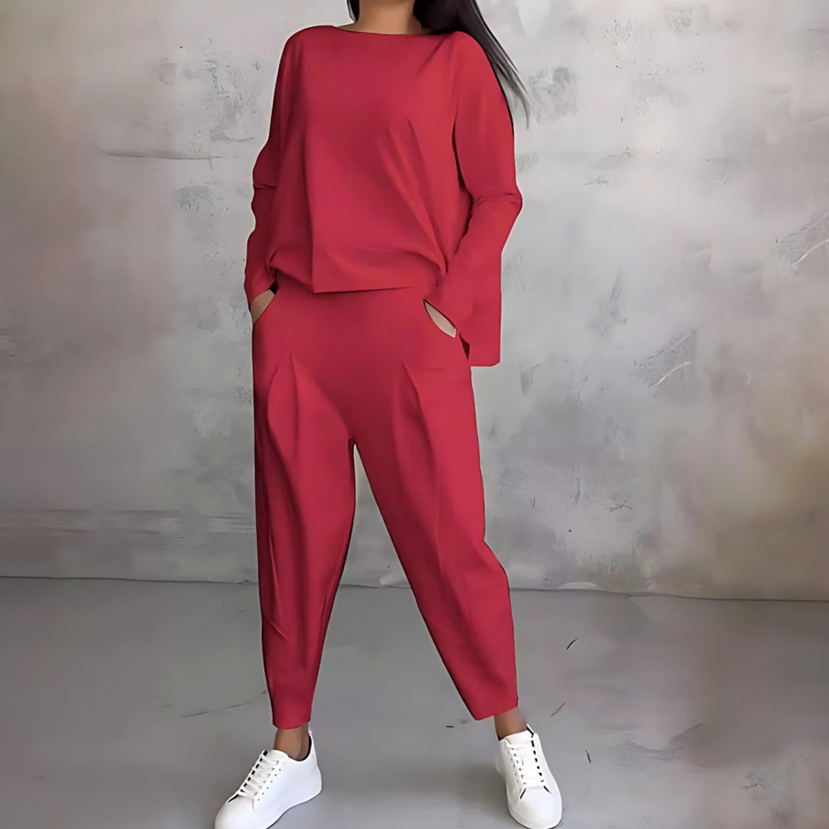 Women's Everyday Loose-Fit Top and Slim-Tapered Pants Set – Red