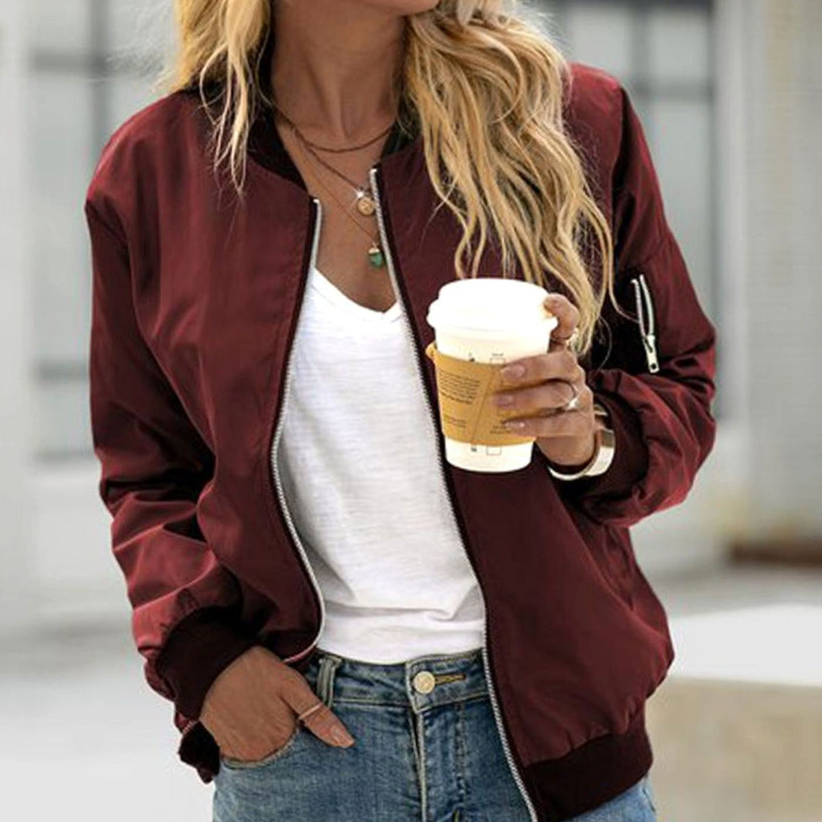 Women's Everyday Full-Zip Bomber Jacket – Burgundy