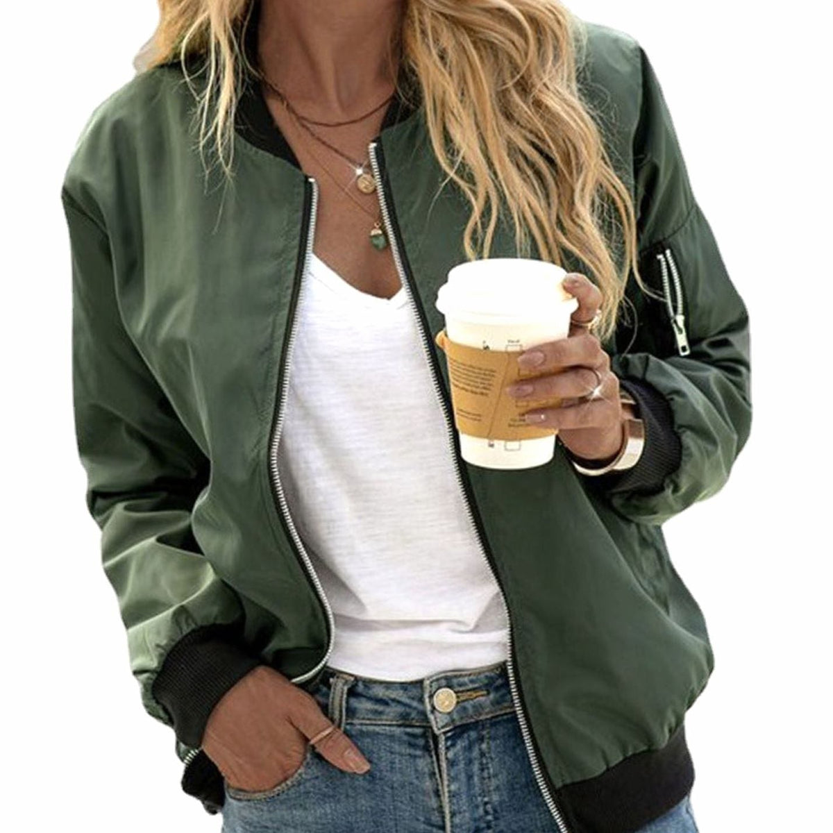 Women's Everyday Full-Zip Bomber Jacket – Army Green