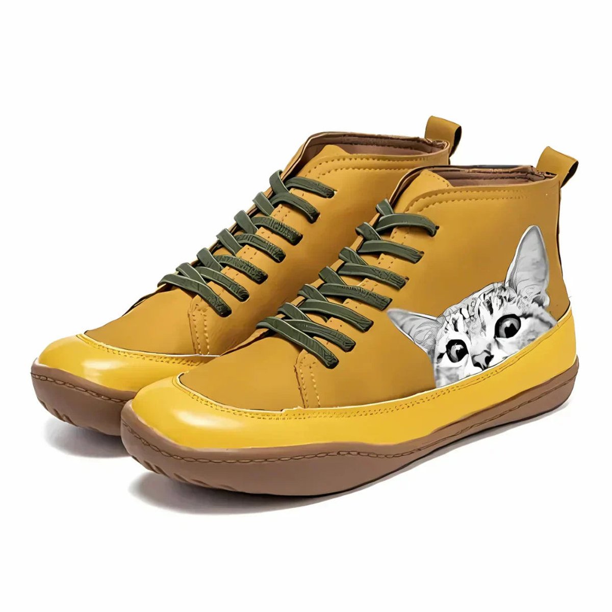 Women's Cat Print Leather Booties – Yellow
