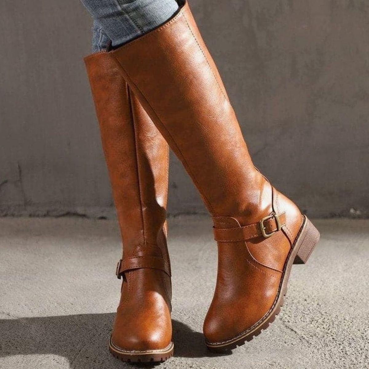 Women's Timeless Buckle-Detail Side-Zip Knee-High Boots – Brown