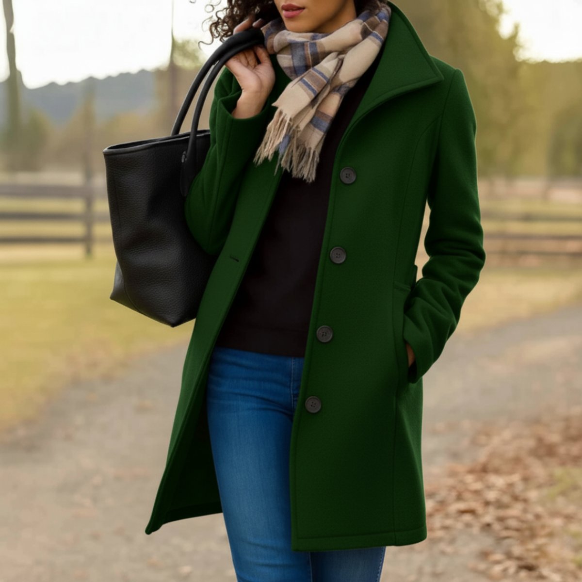 Women's Mid-Length Wool-Blend Coat for Fall – Dark Green
