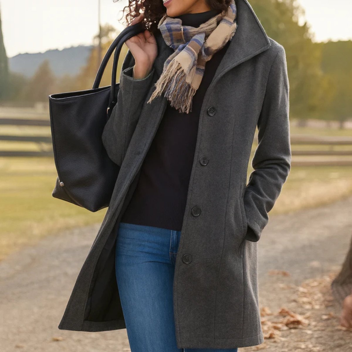 Women's Mid-Length Wool-Blend Coat for Fall – Gray