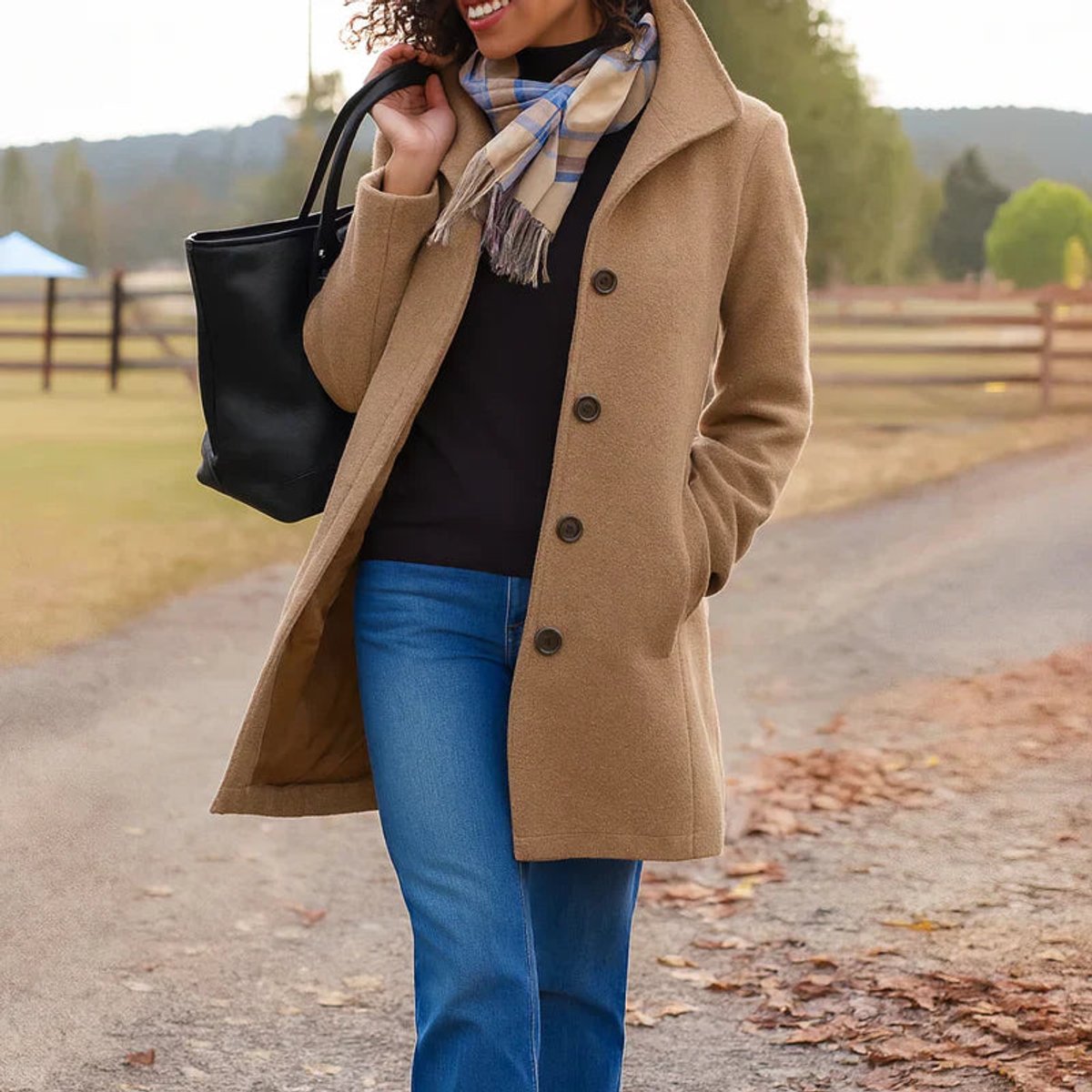 Women's Mid-Length Wool-Blend Coat for Fall – Khaki