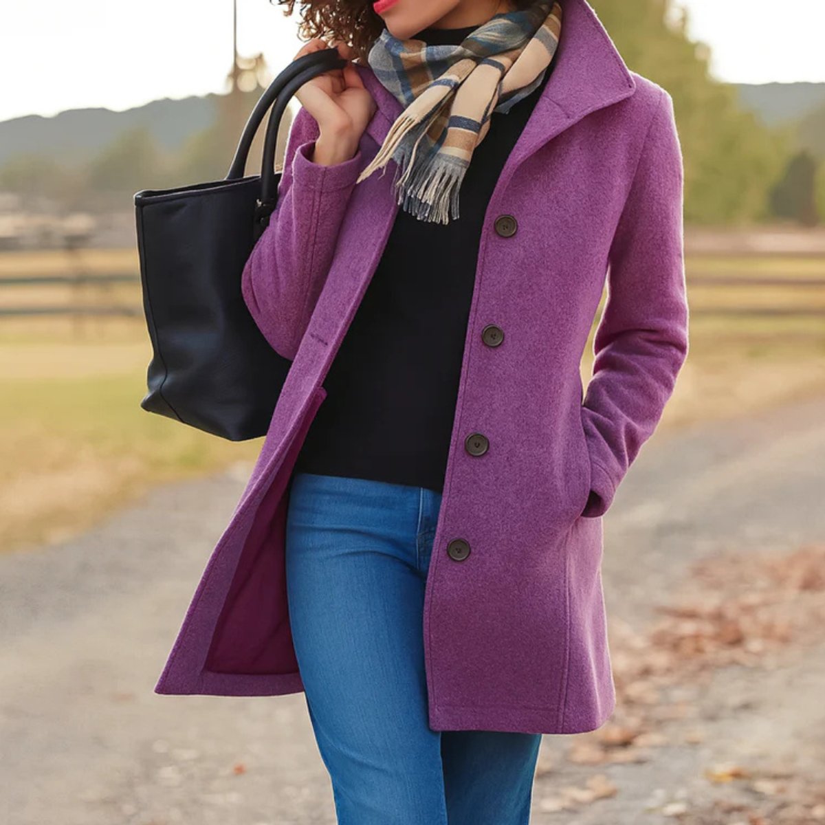 Women's Mid-Length Wool-Blend Coat for Fall – Purple