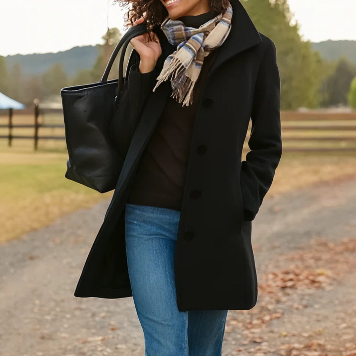 Women's Mid-Length Wool-Blend Coat for Fall – Black
