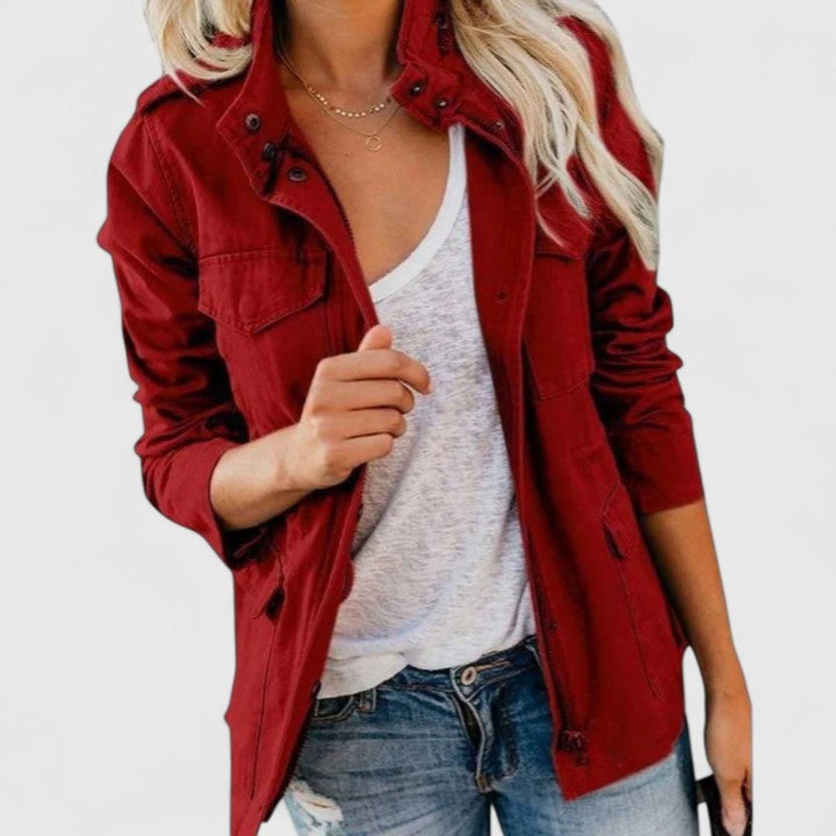Women's Light-Weight Utility Jacket with Drawstring Waist – Red