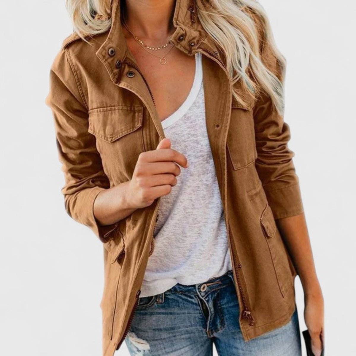 Women's Light-Weight Utility Jacket with Drawstring Waist – Khaki