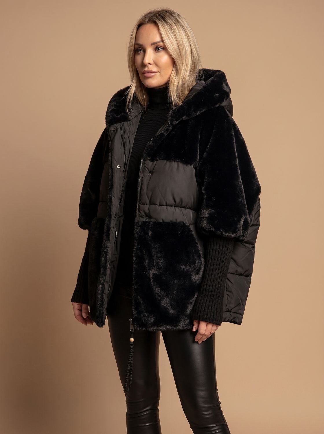 Women's Loose-Fit Plush-Fur Hood-Detail Puffer Coat – Black